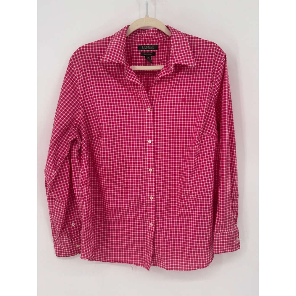 Lauren Ralph Lauren Shirt Women 1X Pink Gingham EUC Non-Iron Cotton Button Down